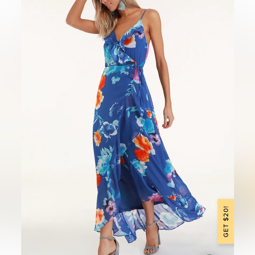 Lulus Ladean Royal Blue Floral Print Ruffled Wrap Maxi Dress Small